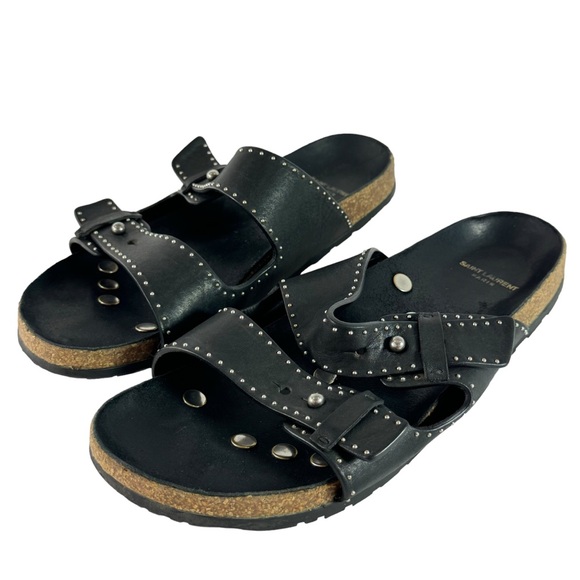 SAINT LAURENT Black Leather Jimmy Stud Straps Slides Women Made in Italy 41-10US - Picture 3 of 13